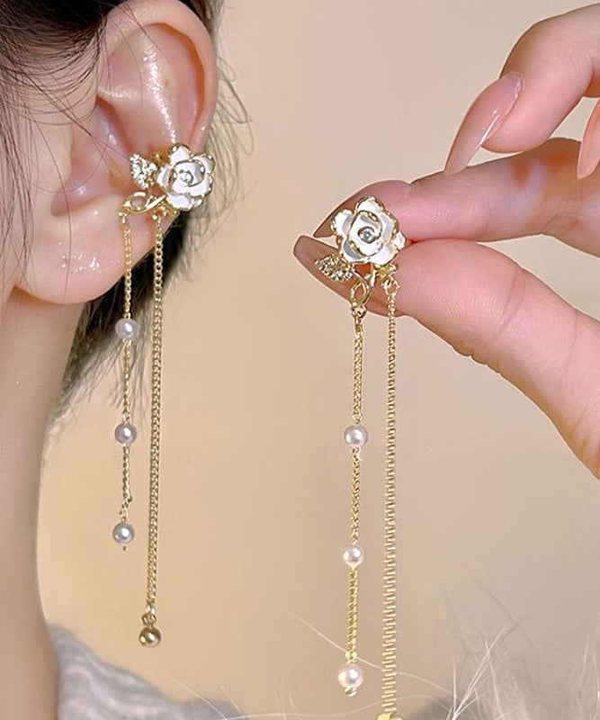 Stylish Gold Copper Overgild Floral Pearl Chain Tassel Drop Earrings