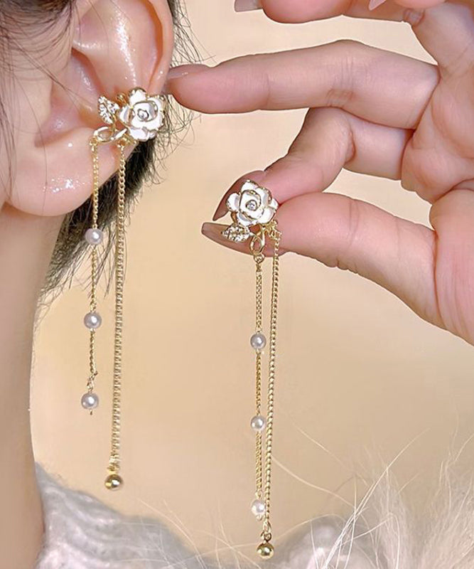 Stylish Gold Copper Overgild Floral Pearl Chain Tassel Drop Earrings