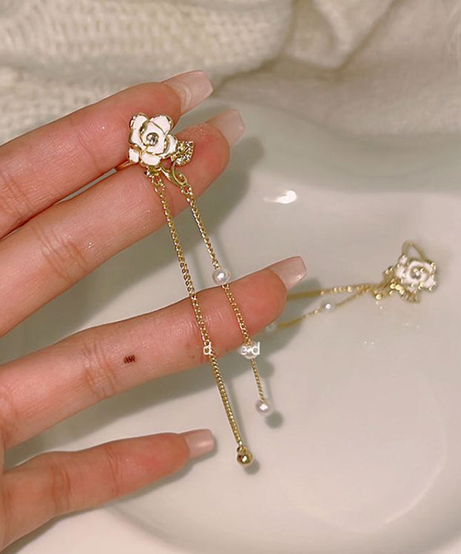 Stylish Gold Copper Overgild Floral Pearl Chain Tassel Drop Earrings