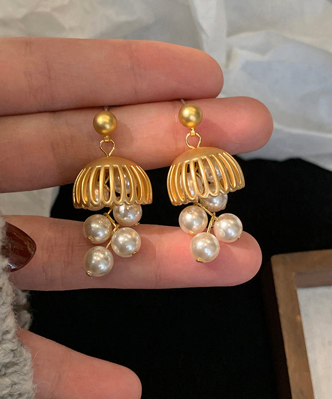 Stylish Gold Copper Overgild Pearl Small Bell Tassel Drop Earrings