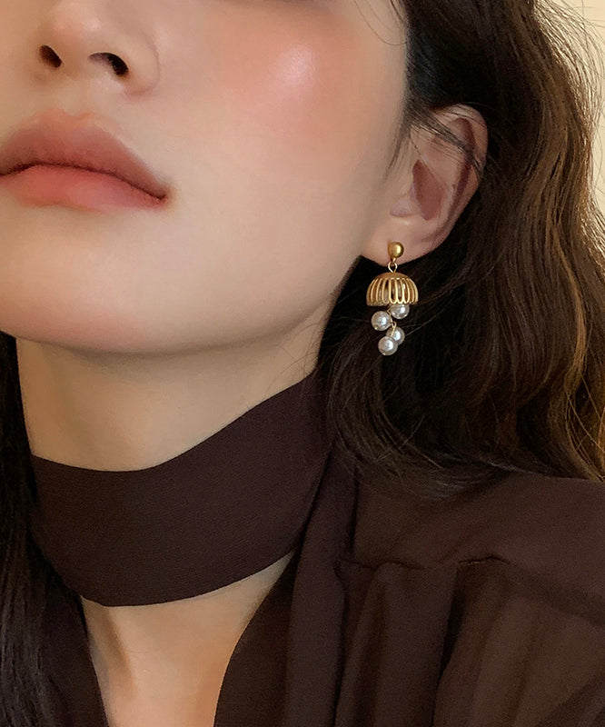 Stylish Gold Copper Overgild Pearl Small Bell Tassel Drop Earrings