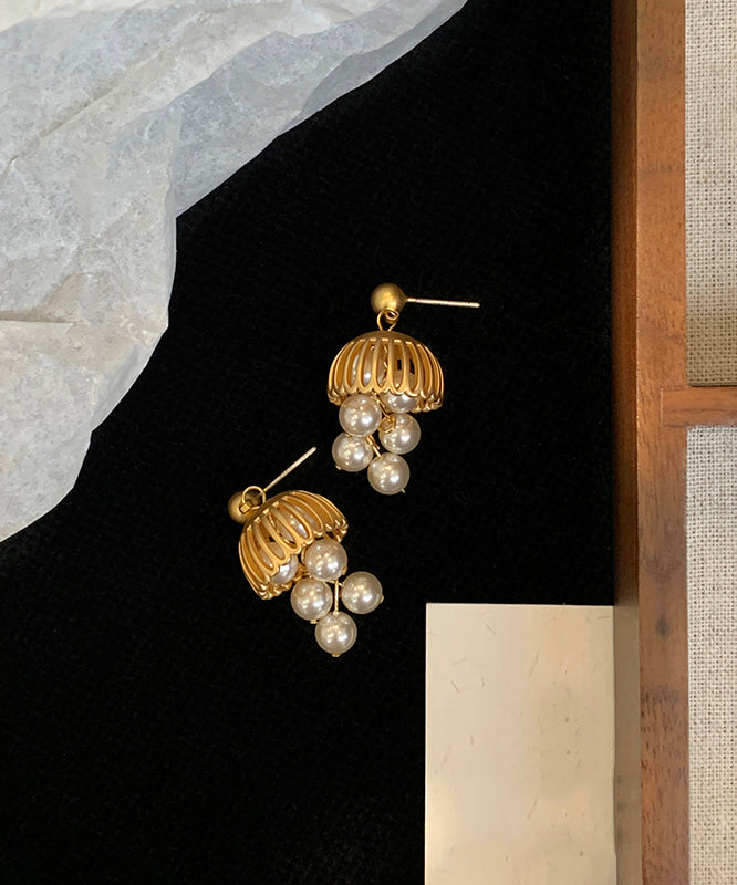 Stylish Gold Copper Overgild Pearl Small Bell Tassel Drop Earrings