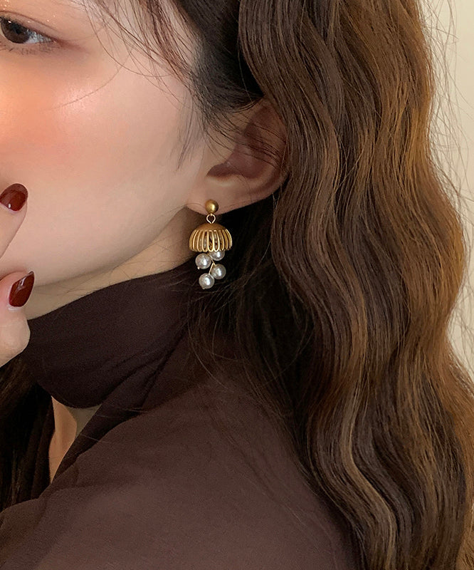Stylish Gold Copper Overgild Pearl Small Bell Tassel Drop Earrings