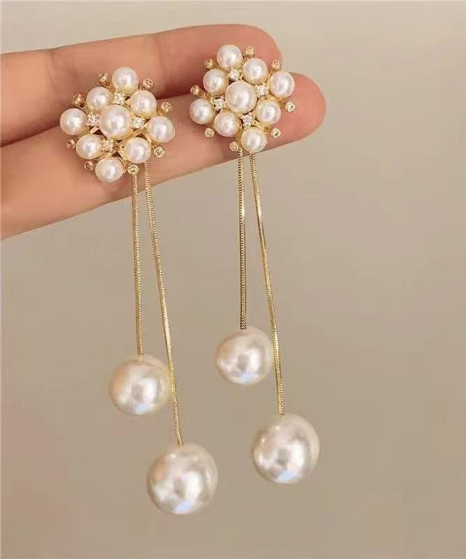 Stylish Gold Copper Overgild Zircon Pearl Floral Tassel Drop Earrings