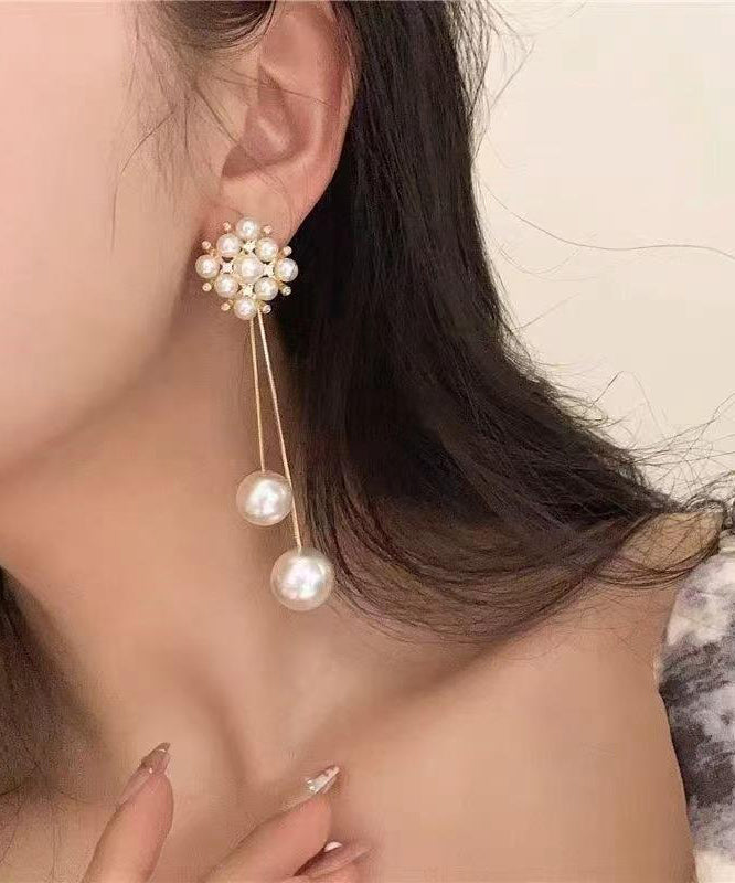 Stylish Gold Copper Overgild Zircon Pearl Floral Tassel Drop Earrings