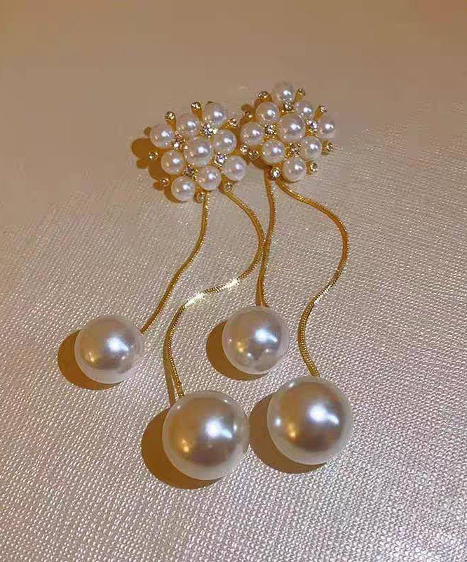 Stylish Gold Copper Overgild Zircon Pearl Floral Tassel Drop Earrings