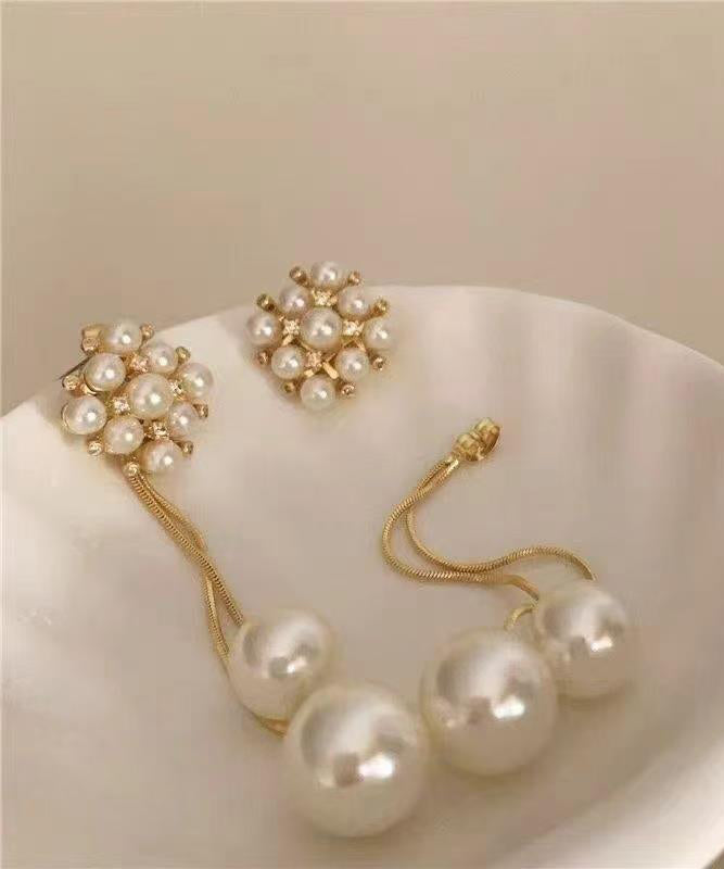 Stylish Gold Copper Overgild Zircon Pearl Floral Tassel Drop Earrings