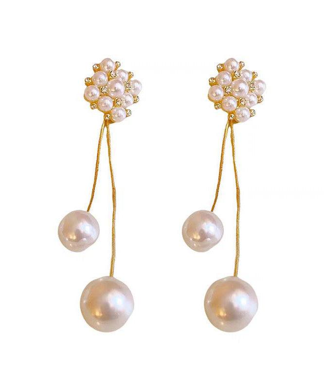 Stylish Gold Copper Overgild Zircon Pearl Floral Tassel Drop Earrings