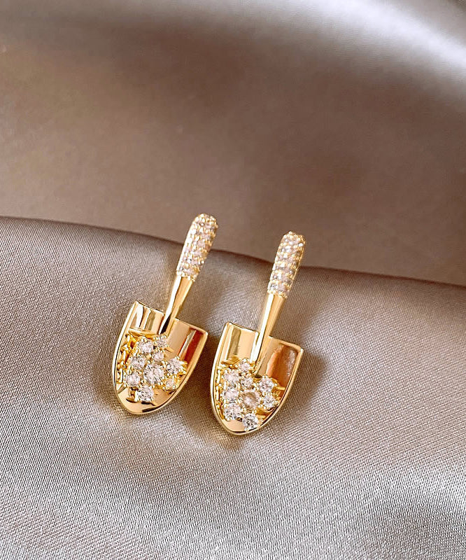 Stylish Gold Copper Overgild Zircon Small Shovel Stud Earrings