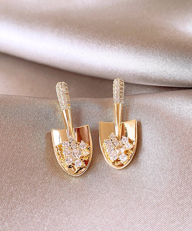 Stylish Gold Copper Overgild Zircon Small Shovel Stud Earrings