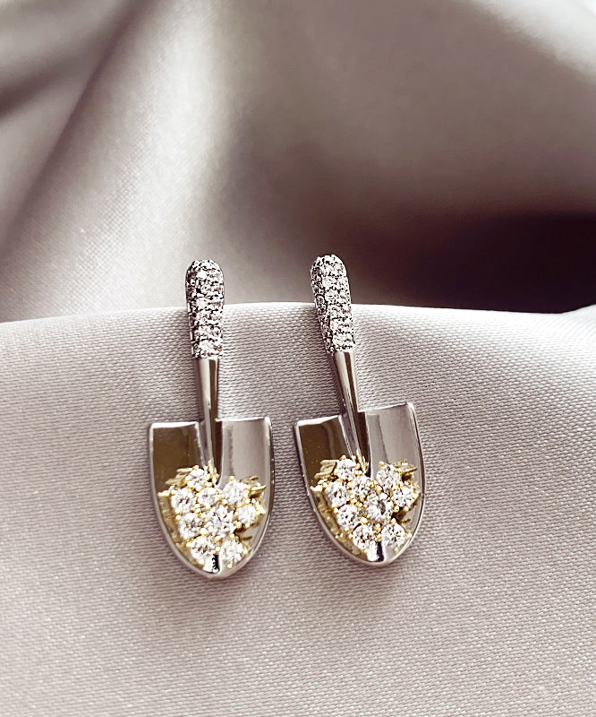 Stylish Gold Copper Overgild Zircon Small Shovel Stud Earrings