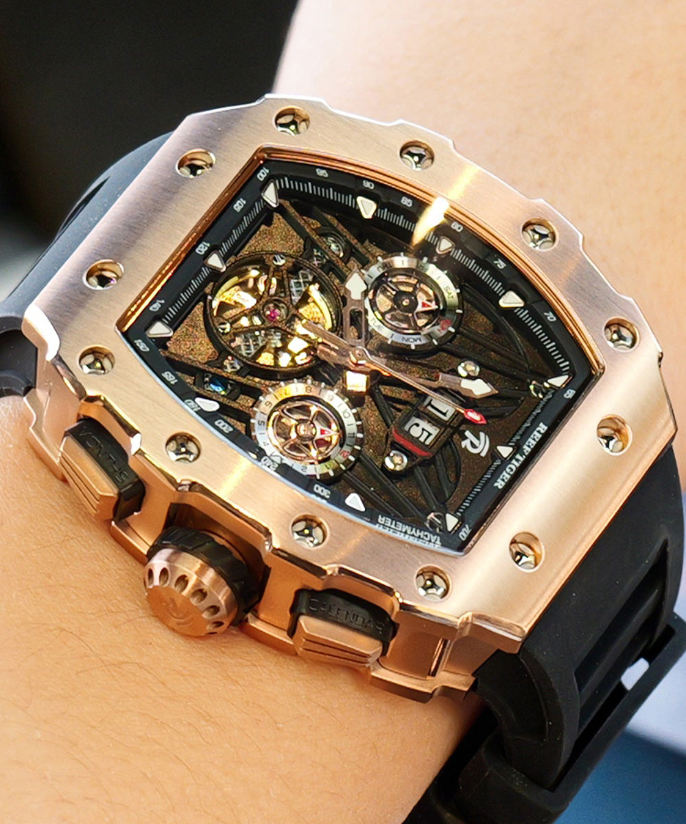 Stylish Gold Silicone Rubber Tempered Glass Fully Automatic Mechanical Watch