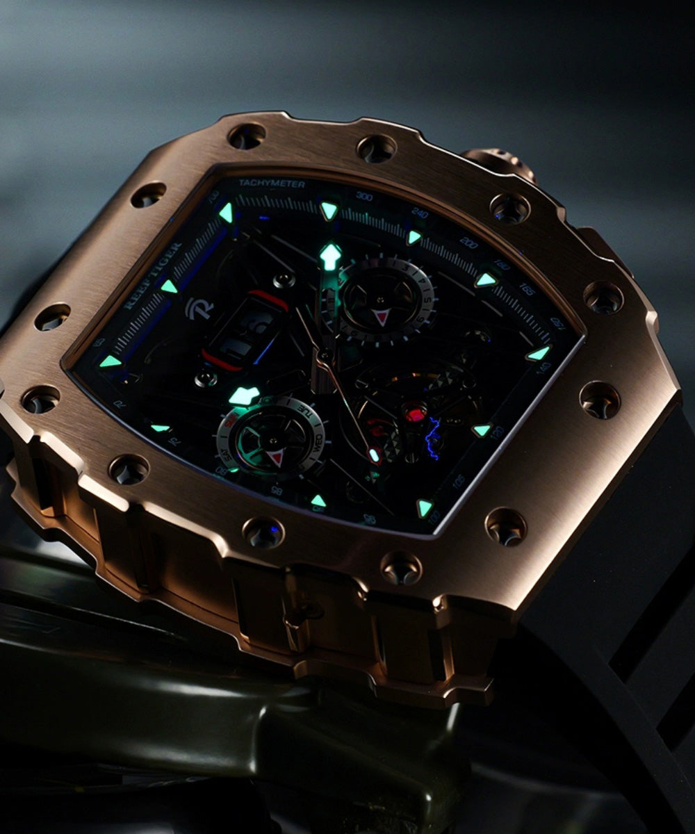 Stylish Gold Silicone Rubber Tempered Glass Fully Automatic Mechanical Watch