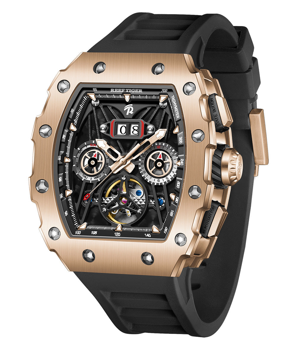 Stylish Gold Silicone Rubber Tempered Glass Fully Automatic Mechanical Watch