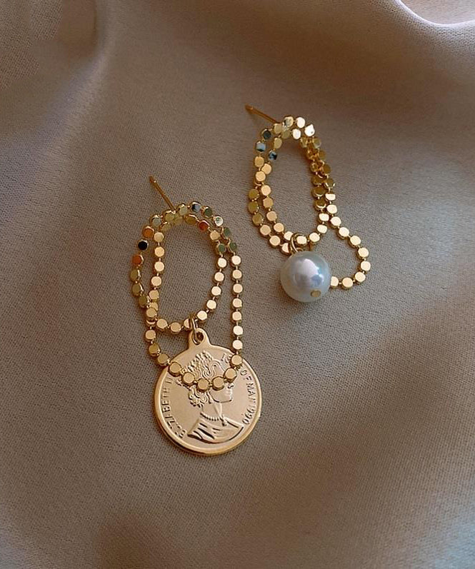 Stylish Gold Srerling Silver Alloy Asymmetrica Pearl Hoop Earrings