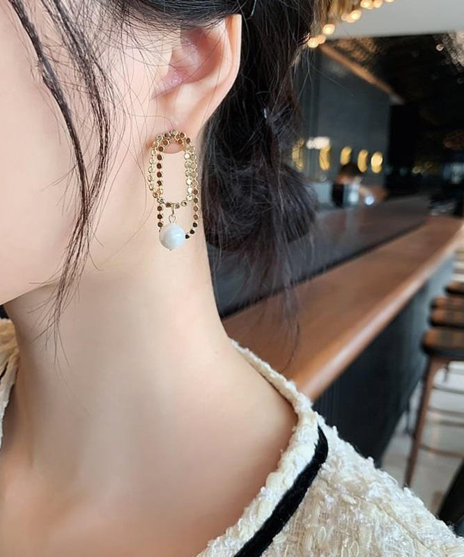 Stylish Gold Srerling Silver Alloy Asymmetrica Pearl Hoop Earrings