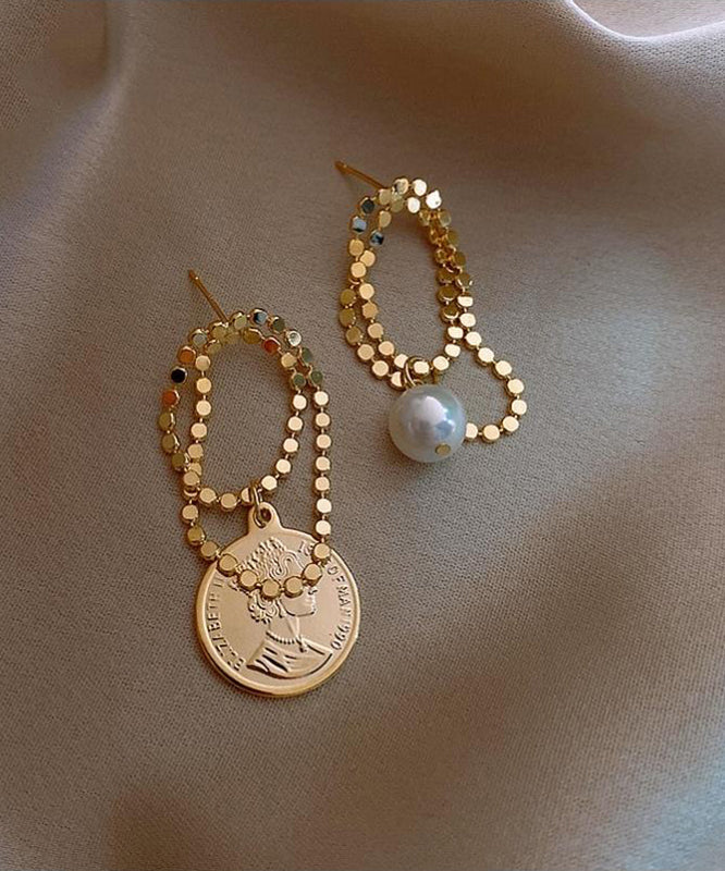 Stylish Gold Srerling Silver Alloy Asymmetrica Pearl Hoop Earrings