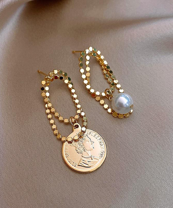 Stylish Gold Srerling Silver Alloy Asymmetrica Pearl Hoop Earrings