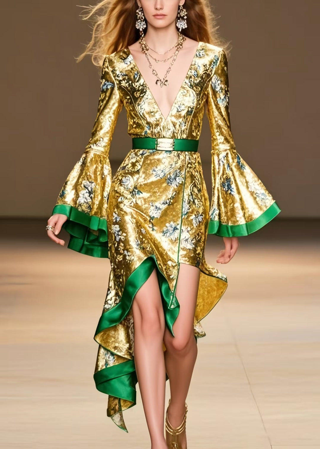 Stylish Golen Asymmetrical Design Silk Party Dress Flare Sleeve