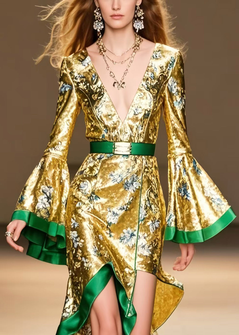 Stylish Golen Asymmetrical Design Silk Party Dress Flare Sleeve