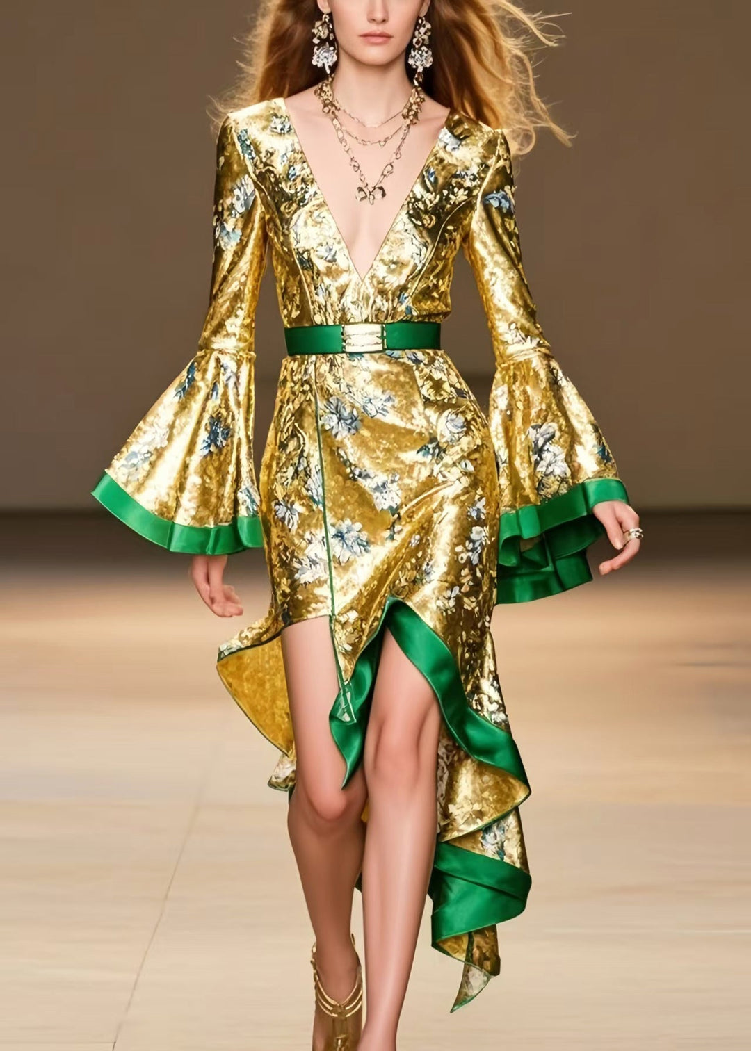 Stylish Golen Asymmetrical Design Silk Party Dress Flare Sleeve