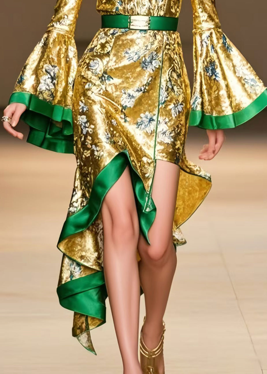 Stylish Golen Asymmetrical Design Silk Party Dress Flare Sleeve