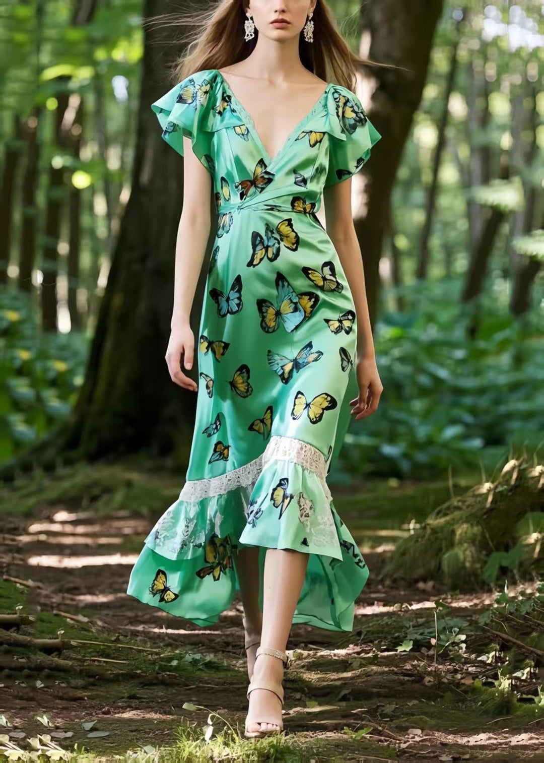 Stylish Green Butterfly Patchwork Silk Long Dresses Summer
