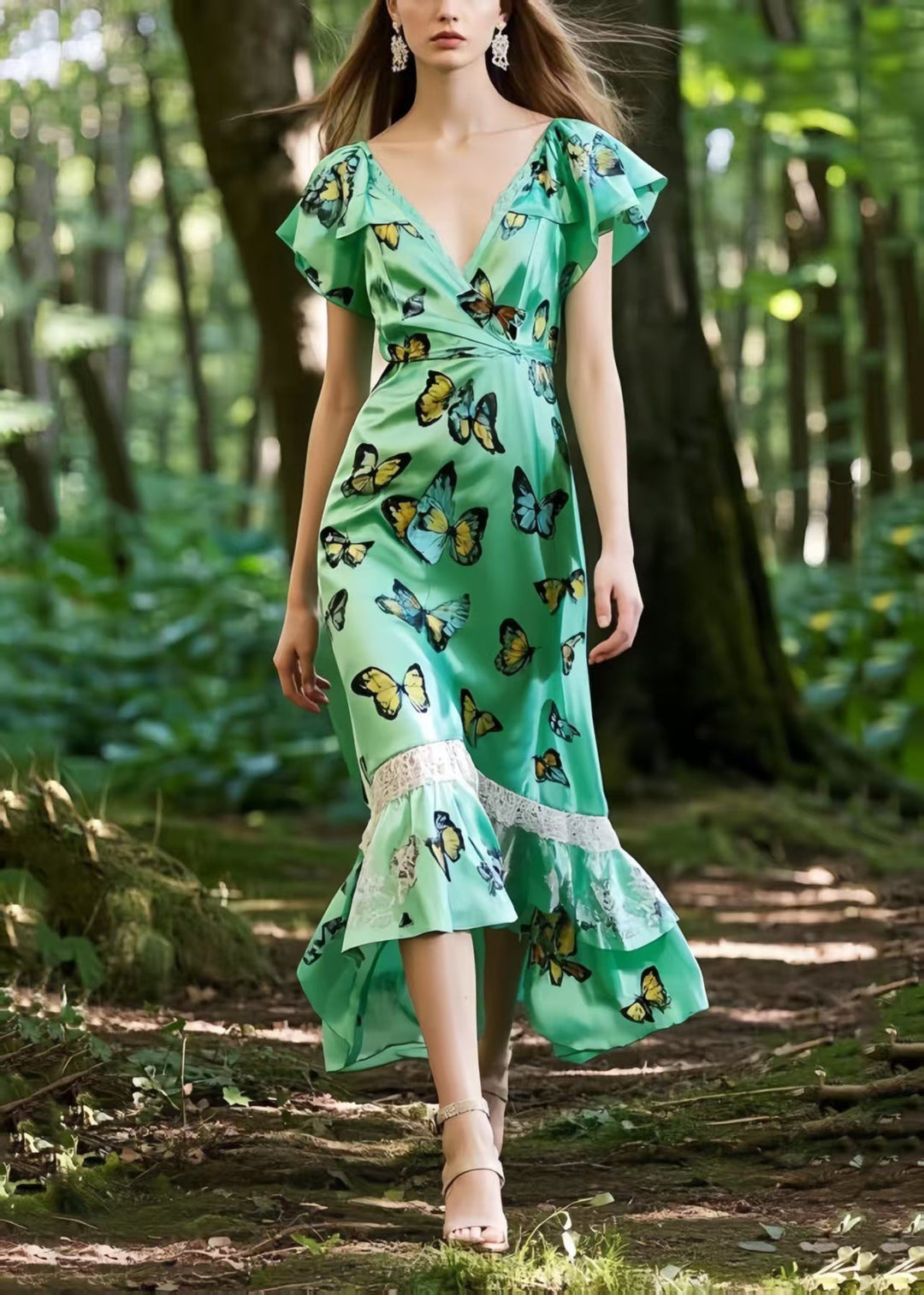 Stylish Green Butterfly Patchwork Silk Long Dresses Summer