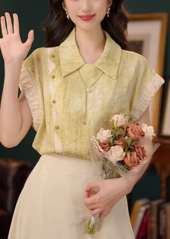 Stylish Green Peter Pan Collar Patchwork Cotton Shirt Summer