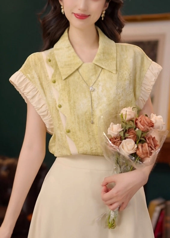 Stylish Green Peter Pan Collar Patchwork Cotton Shirt Summer