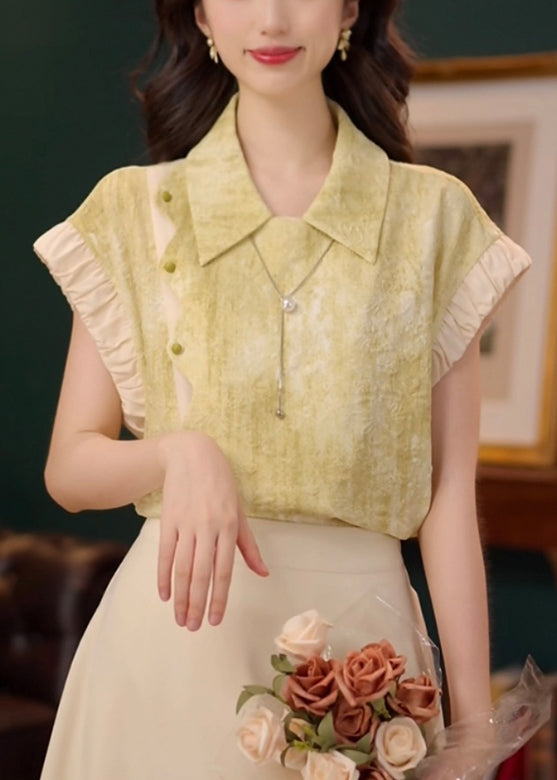 Stylish Green Peter Pan Collar Patchwork Cotton Shirt Summer