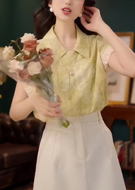 Stylish Green Peter Pan Collar Patchwork Cotton Shirt Summer