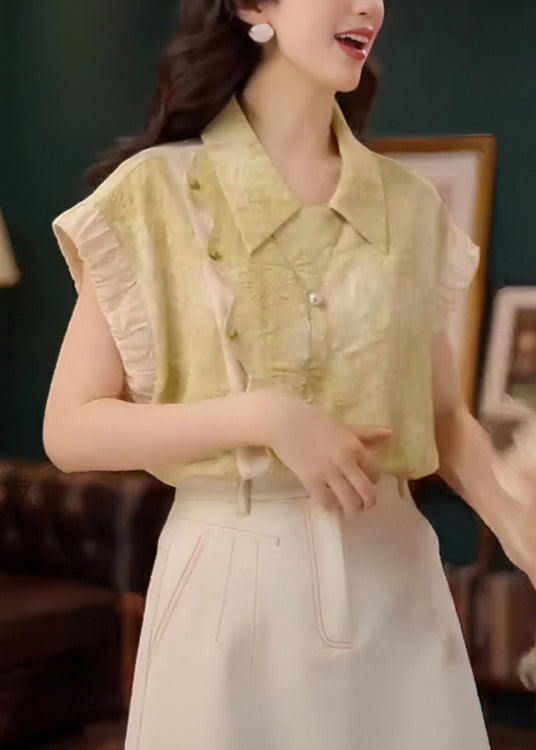 Stylish Green Peter Pan Collar Patchwork Cotton Shirt Summer