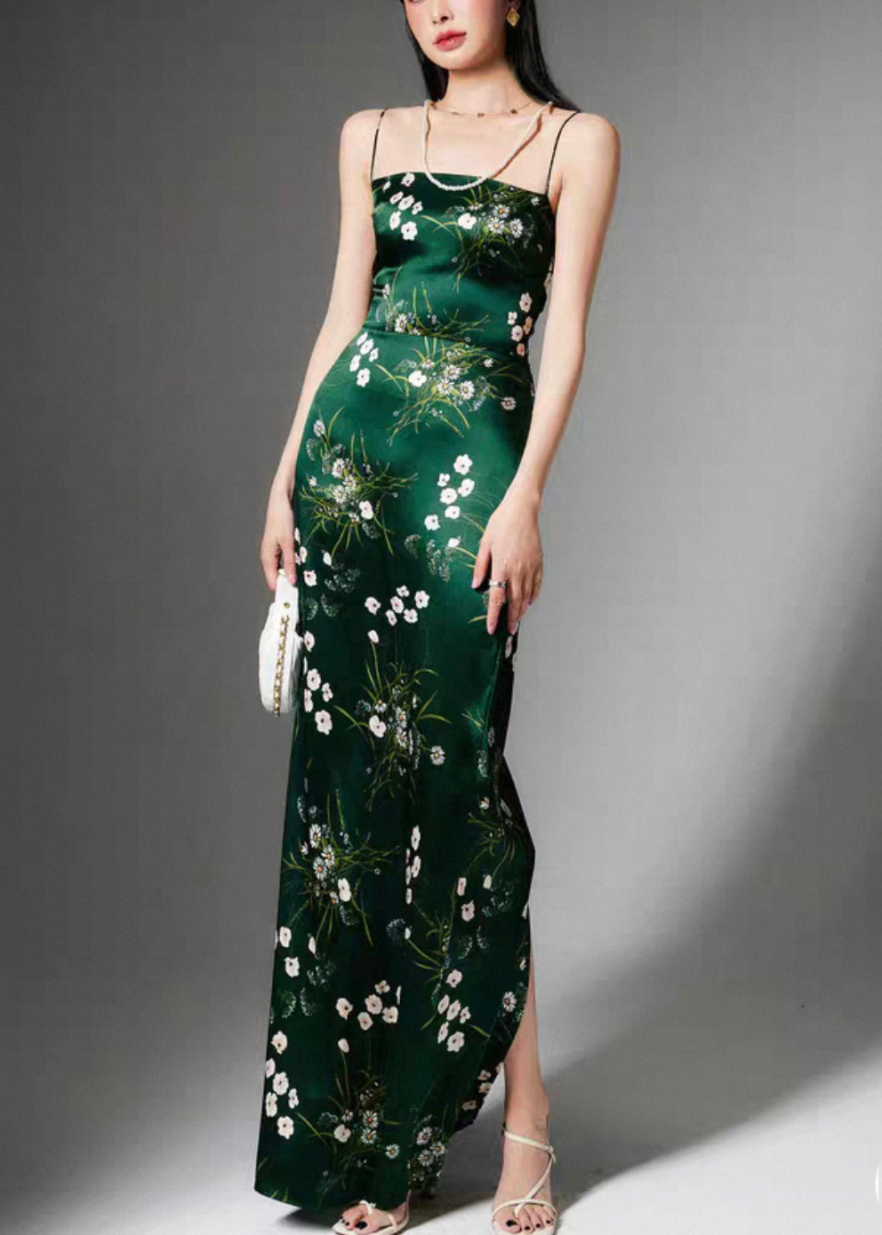 Stylish Green Print Side Open Silk Spaghetti Strap Dress Sleeveless