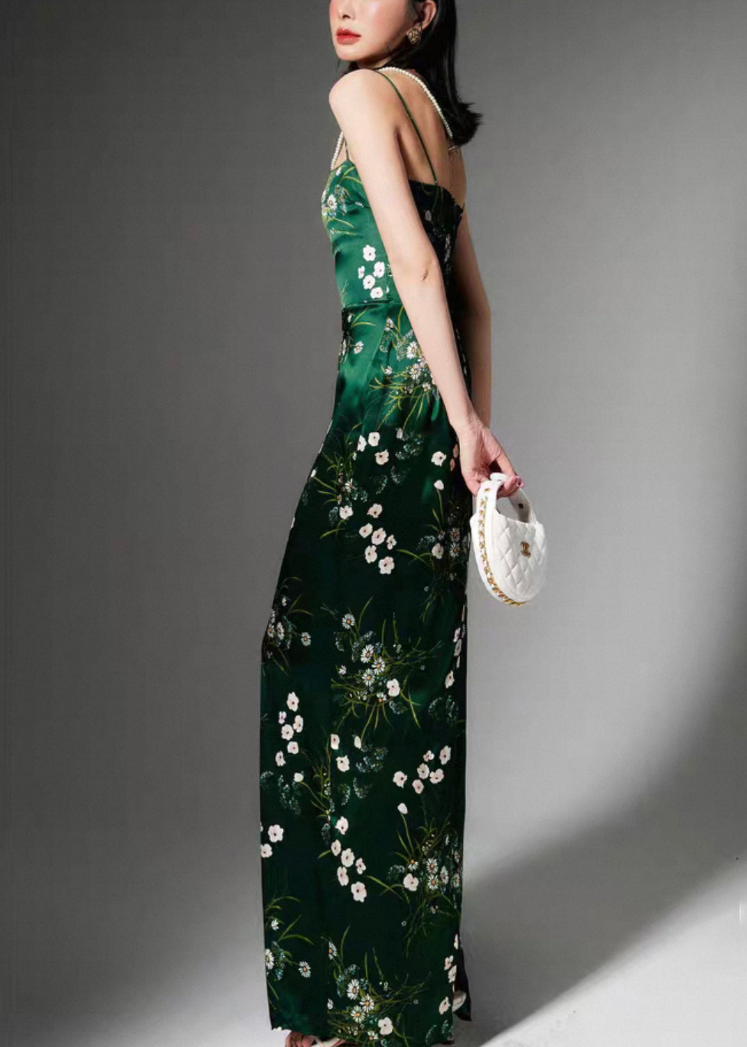 Stylish Green Print Side Open Silk Spaghetti Strap Dress Sleeveless