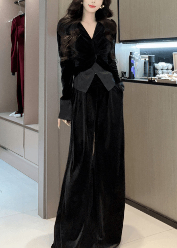 Stylish Green V Neck Cinched Top And Wide Leg Pants Silk Velvet Two Piece Set Spring