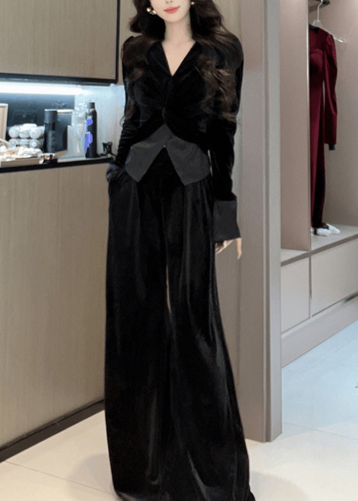Stylish Green V Neck Cinched Top And Wide Leg Pants Silk Velvet Two Piece Set Spring