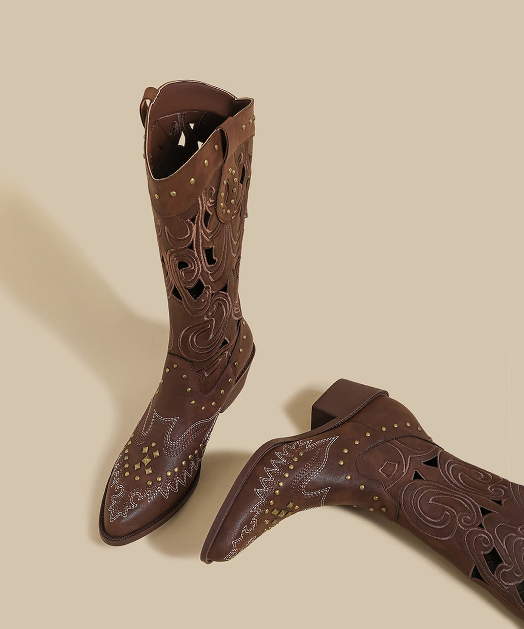 Stylish Hollow Out Rivet Splicing Chunky Boots Brown Faux Leather