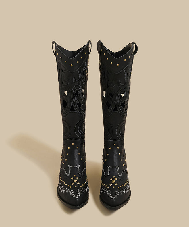 Stylish Hollow Out Rivet Splicing Chunky Boots Brown Faux Leather