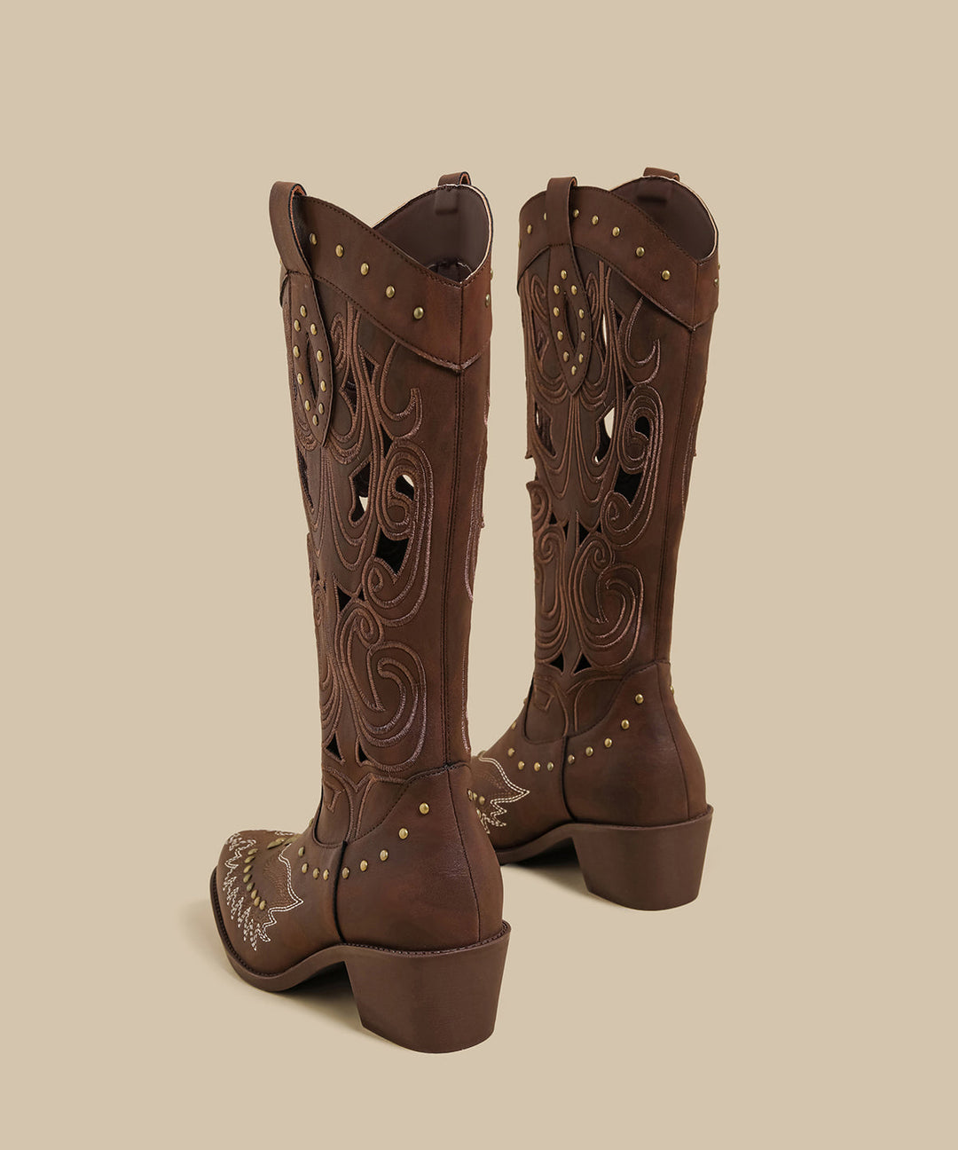 Stylish Hollow Out Rivet Splicing Chunky Boots Brown Faux Leather