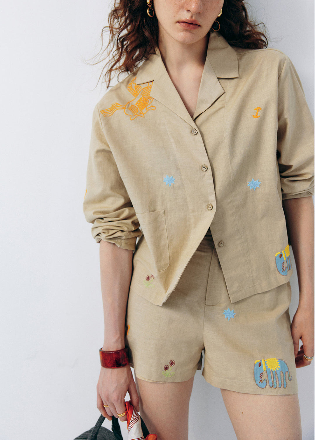 Stylish Khaki Embroidered Cotton Two Pieces Set Summer