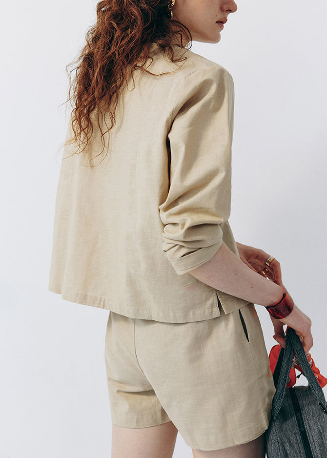 Stylish Khaki Embroidered Cotton Two Pieces Set Summer