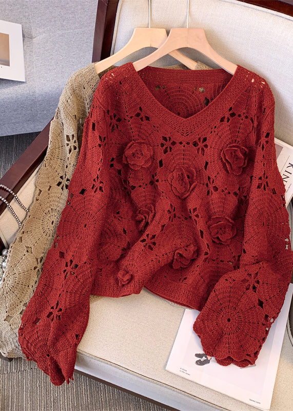Stylish Khaki Oversized Floral Hollow Out Knit Sweaters Fall
