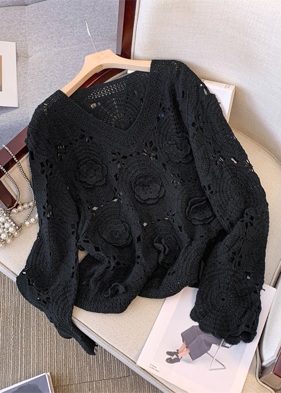 Stylish Khaki Oversized Floral Hollow Out Knit Sweaters Fall