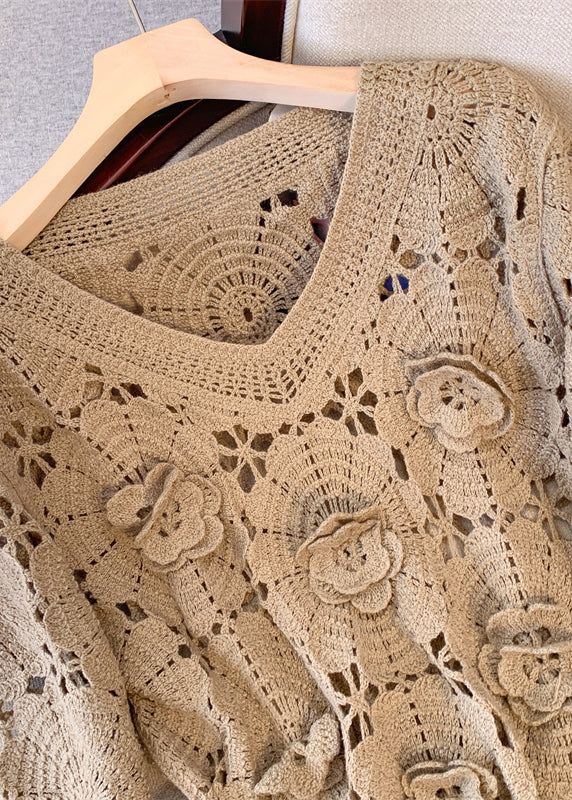 Stylish Khaki Oversized Floral Hollow Out Knit Sweaters Fall