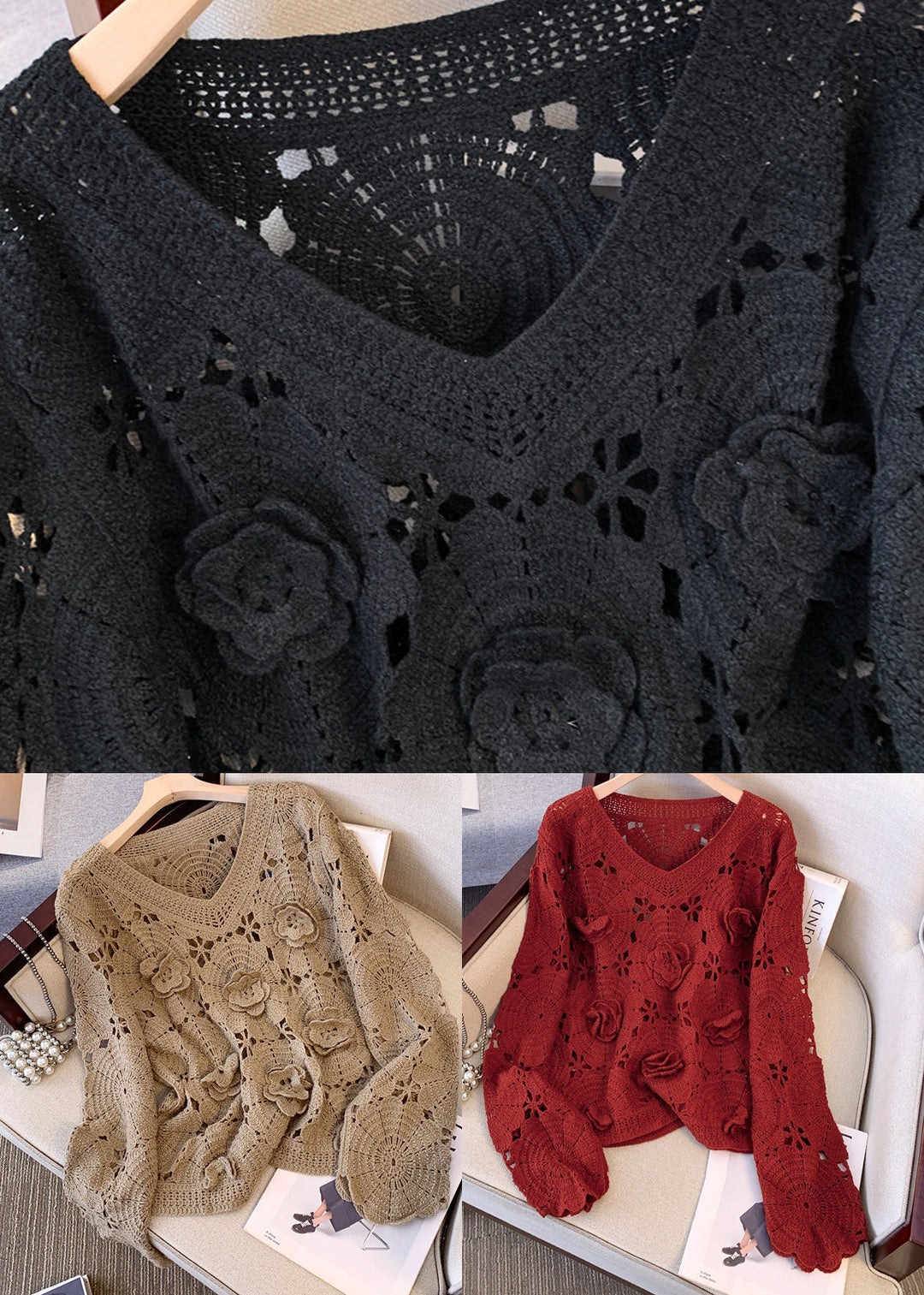 Stylish Khaki Oversized Floral Hollow Out Knit Sweaters Fall