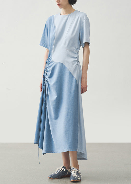 Stylish Light Blue O Neck Drawstring Patchwork Cotton Dress Summer