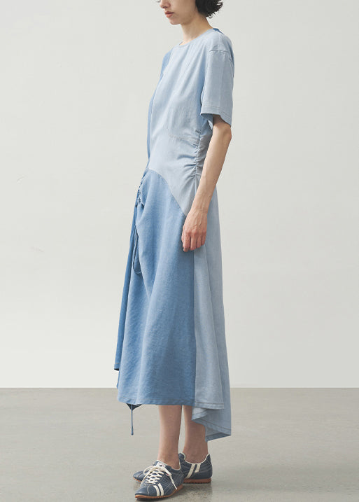 Stylish Light Blue O Neck Drawstring Patchwork Cotton Dress Summer