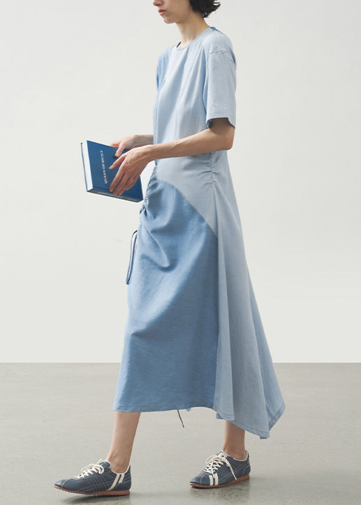 Stylish Light Blue O Neck Drawstring Patchwork Cotton Dress Summer
