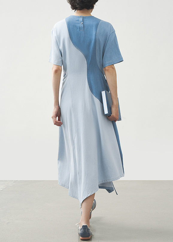 Stylish Light Blue O Neck Drawstring Patchwork Cotton Dress Summer